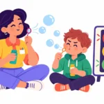 Illustration for emotional regulation for ADHD: a teacher sitting beside a frustrated boy doing slow bubble breathing together next to a traffic light feelings chart