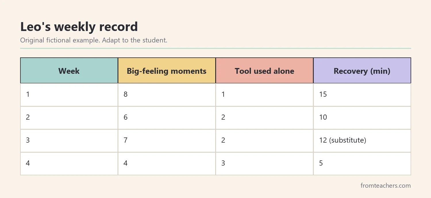 Table of four weeks of fictional data showing big-feeling moments, tools used independently, and recovery minutes