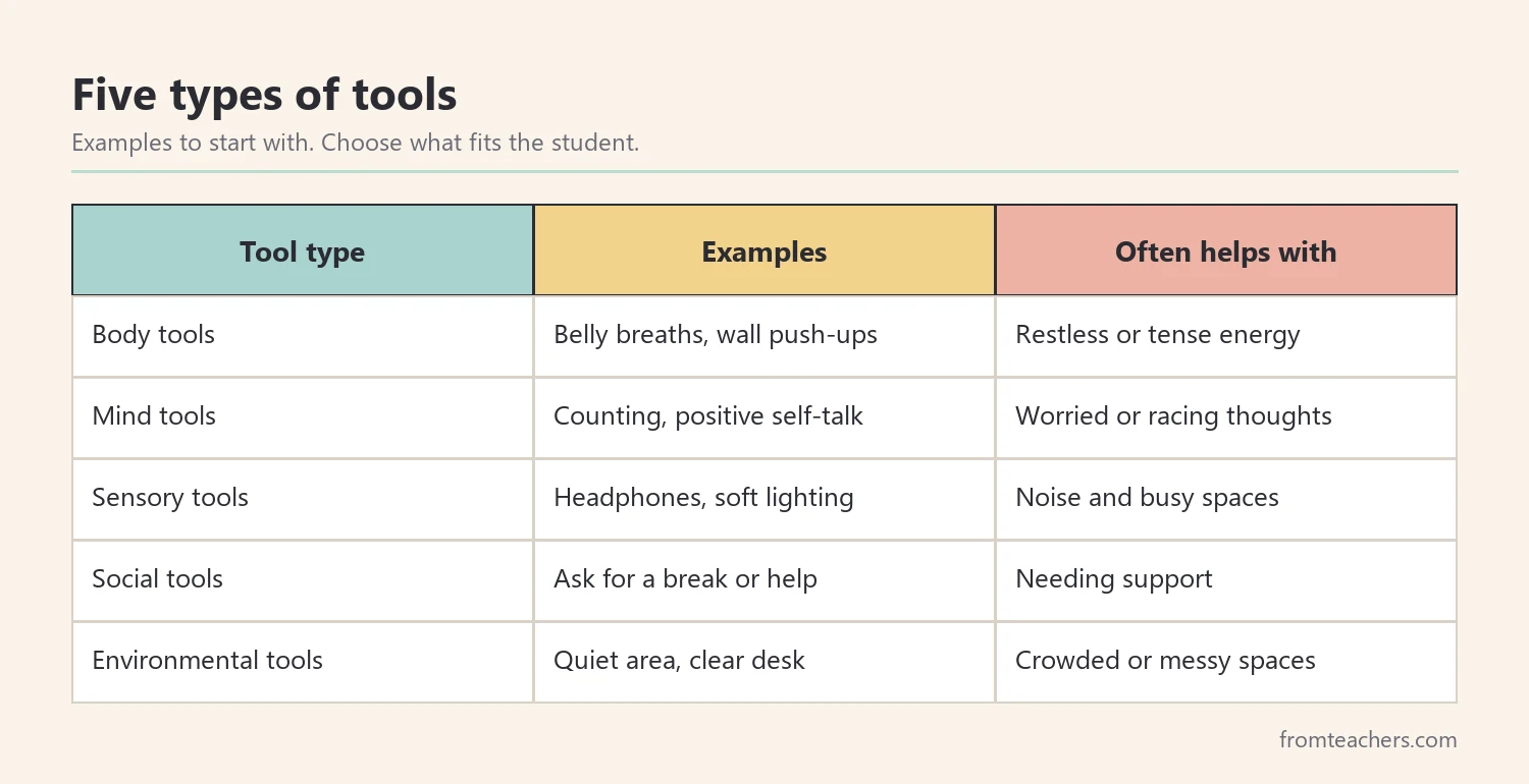 Table of five types of emotional regulation tools with examples and what each often helps with