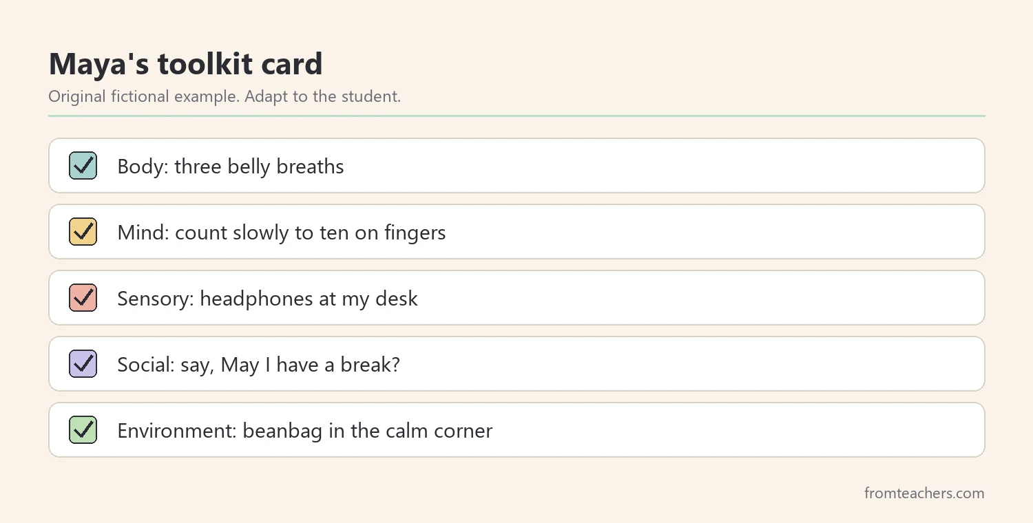 Checklist card with one tool from each of five tool types for a fictional student