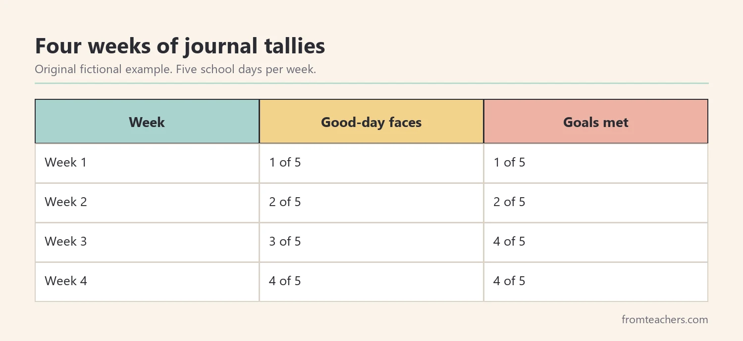 Table of a fictional student's feeling scale and goal results across four weeks