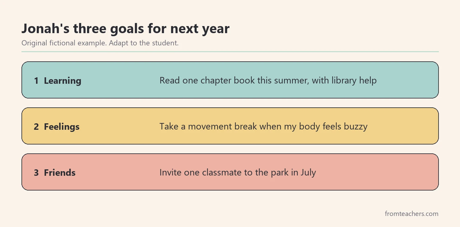 Jonah's three goals for next year: learning, feelings, and friends, each with a support
