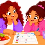 Illustration of a mother and teenage daughter reviewing a daily tracker at the kitchen table