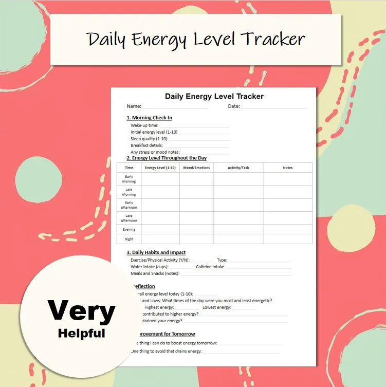 Daily energy level tracker cover with a one-page printable worksheet