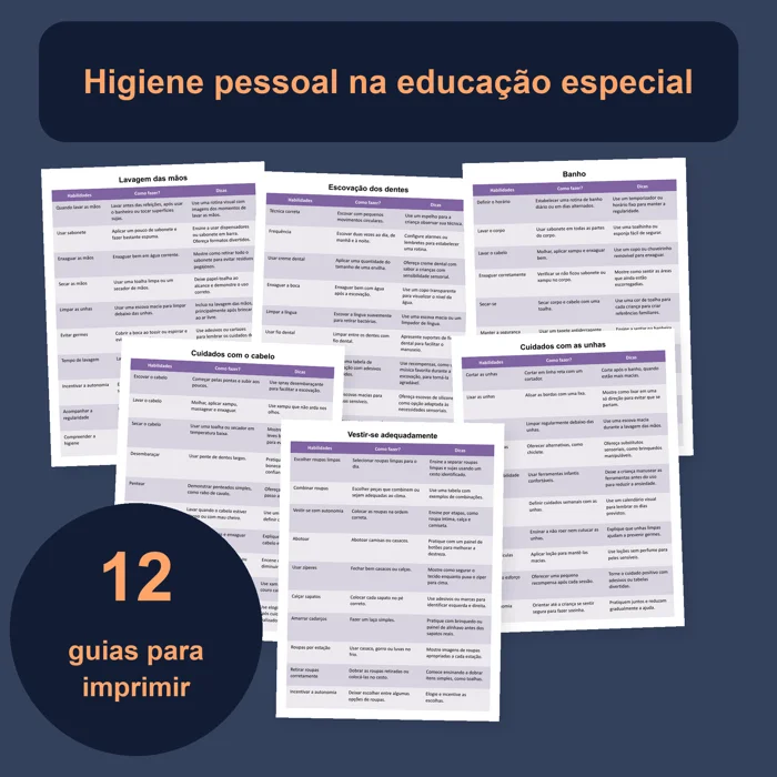 Capa do material para ensinar higiene pessoal na educação especial com 12 tabelas