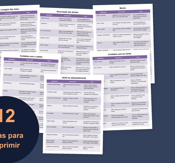 Prévia das tabelas imprimíveis de habilidades de higiene e autocuidado