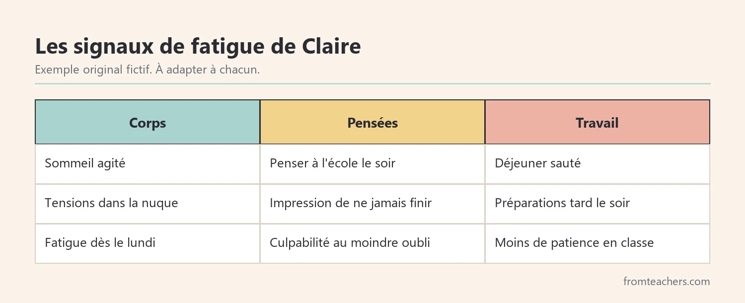 Signaux de fatigue d'une enseignante fictive classés en corps, pensées et travail