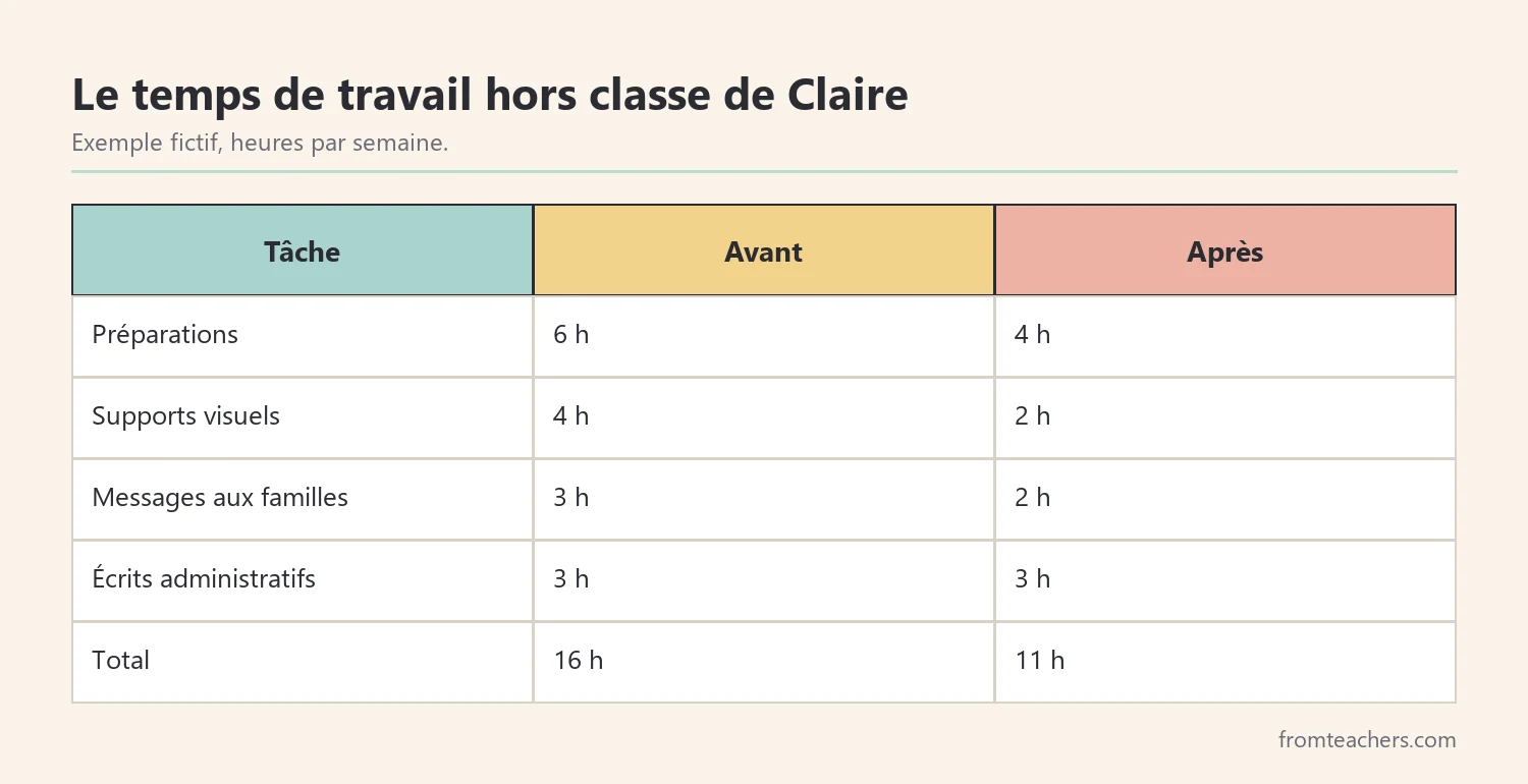 Tableau fictif du temps de travail hors classe de Claire avant et après ses limites