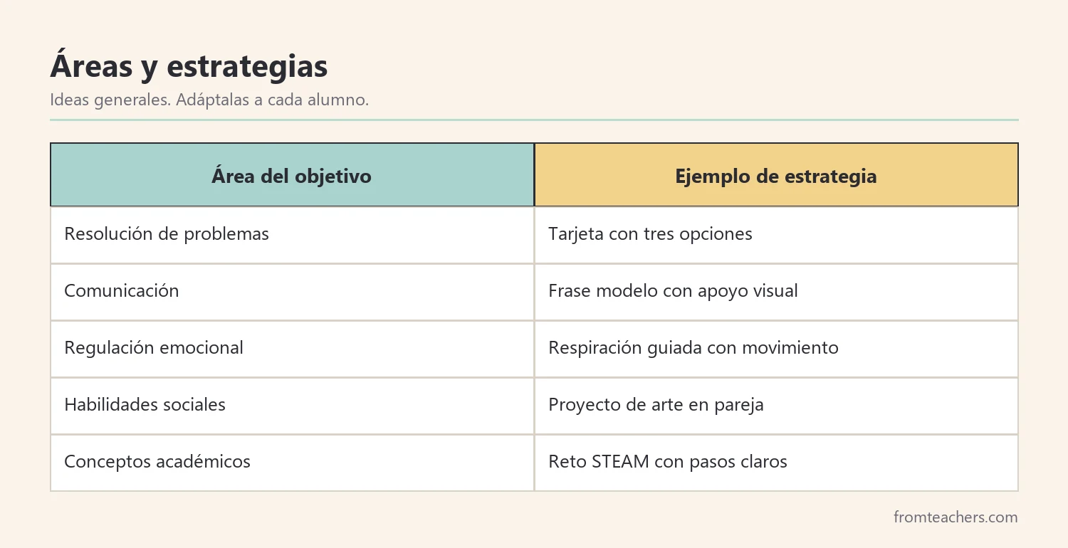 Tabla que relaciona áreas del PEI con ejemplos de estrategias