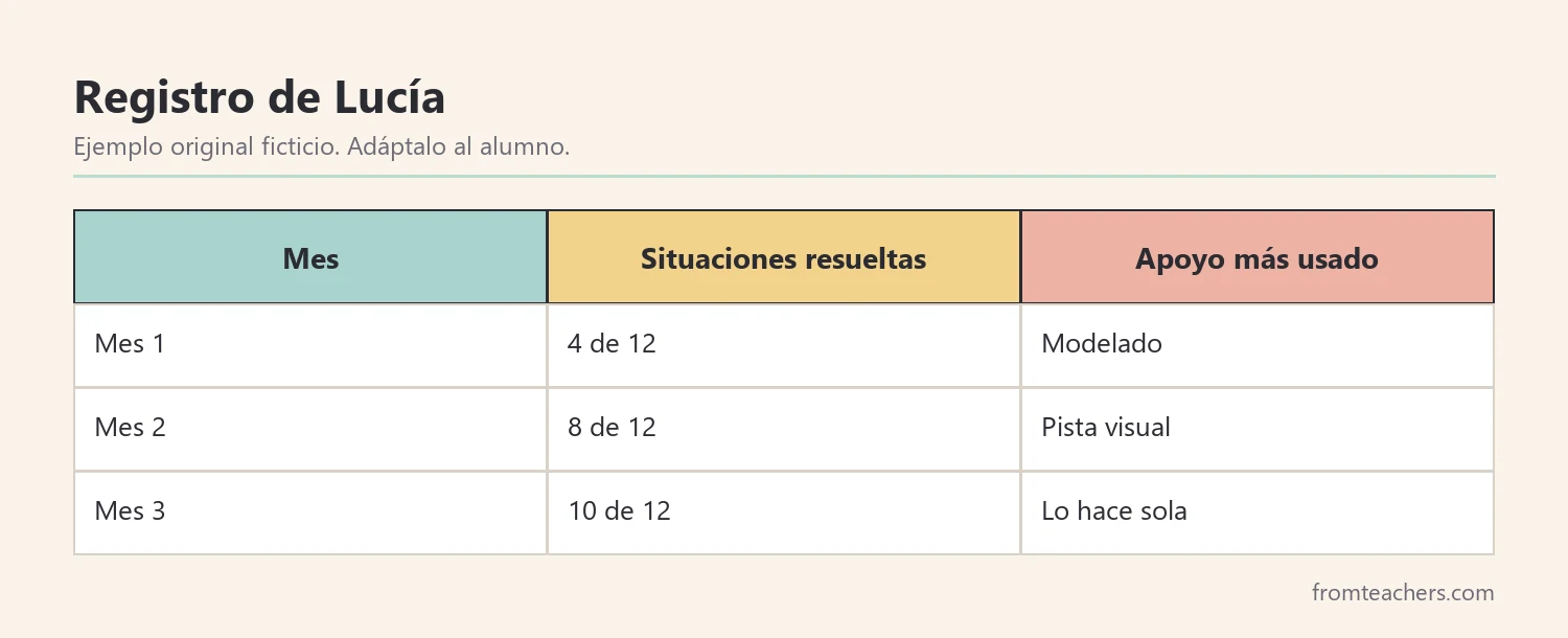 Registro ficticio de tres meses con situaciones resueltas y nivel de apoyo