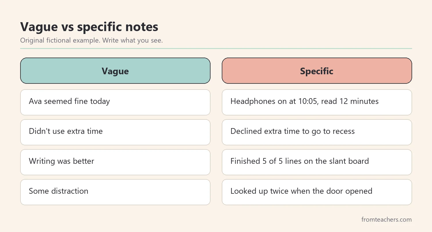 Comparison of a vague observation note and a specific, useful note about an accommodation