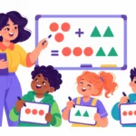 Illustration for evidence-based teaching strategies: a teacher modeling a math problem on the board while three students follow along on mini whiteboards