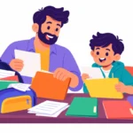 Illustration for executive function challenges: a father and son sorting papers from a messy backpack into colored folders at a kitchen table