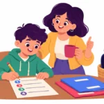 Illustration of a middle school boy planning homework steps on a sheet at the kitchen table while a parent checks in