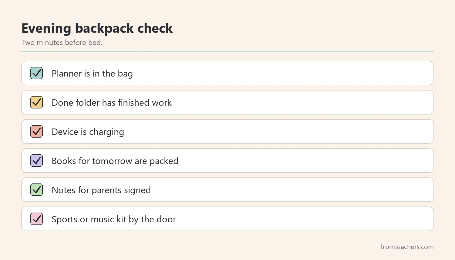 Checklist for an evening backpack and materials check