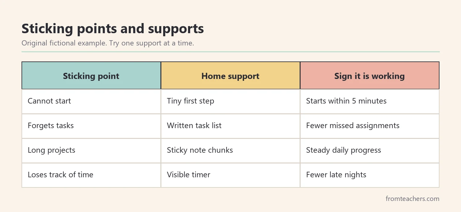Matrix of common homework sticking points with a home support and a sign the support is working