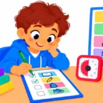 Illustration for executive function reminders: a student at a tidy desk ticking a short checklist while a small timer and a classroom poster sit nearby