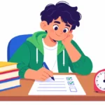 Illustration for executive functioning skills: a teenage boy at a tidy desk checking off items on a simple paper checklist, with a small timer and a stack of books beside him