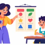 Illustration for expected and unexpected behaviors: a teacher pointing to a two-column poster while a boy raises his hand at his desk