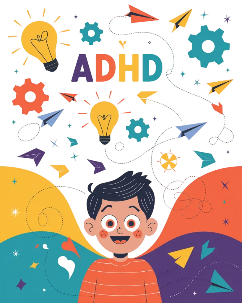 A smiling boy stands below colorful text that says "ADHD," surrounded by light bulbs, gears, paper planes, and abstract shapes symbolizing creativity and energy.