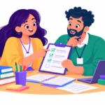 Illustration for FACTS interview for FBA: a behavior specialist and a teacher sitting together at a table, discussing a checklist form