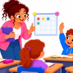 Illustration of a teacher giving a thumbs up to a boy raising his hand while classmates listen