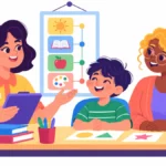Illustration for FASD strategies: a teacher and a caregiver sitting with a young student at a calm classroom table with a picture schedule
