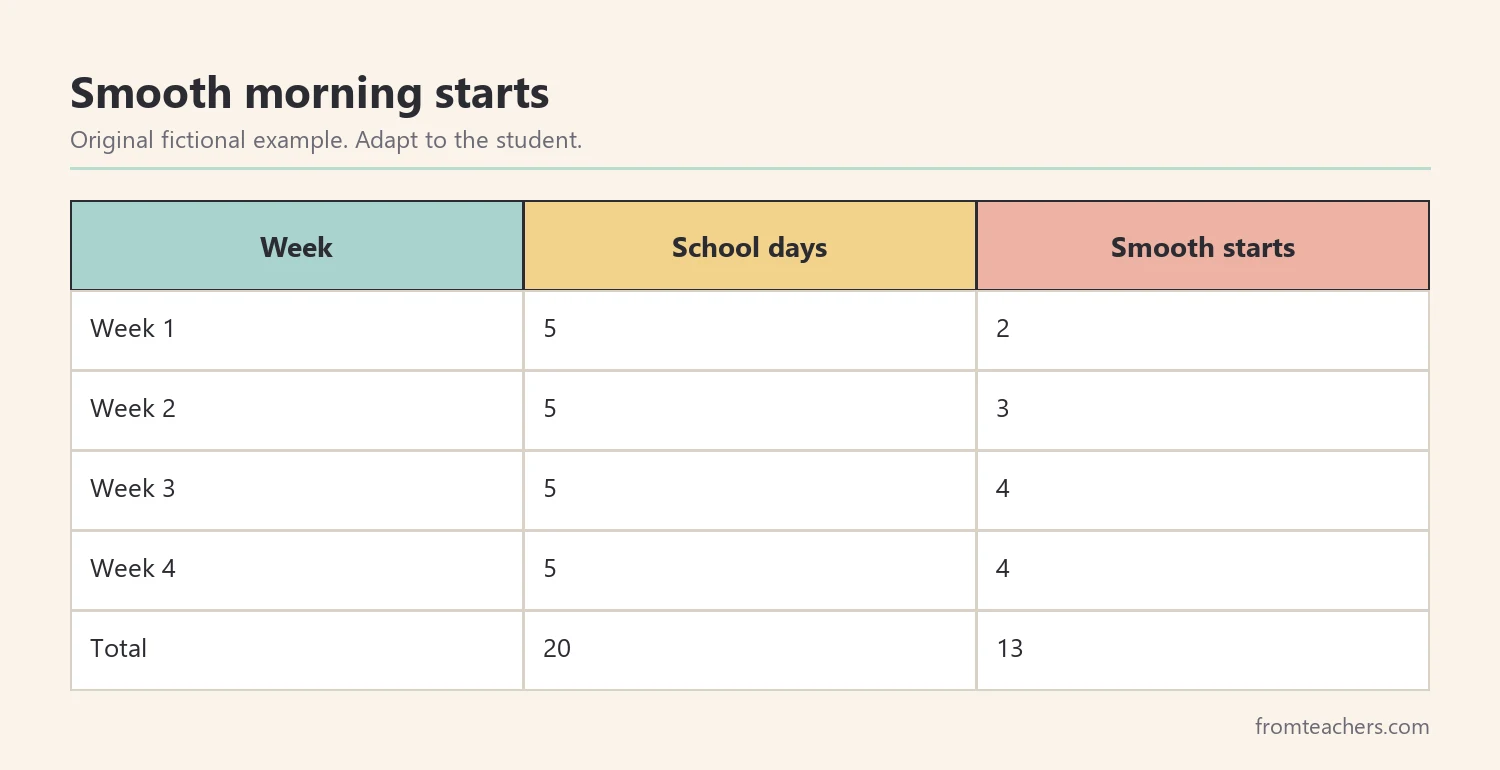 Table of a fictional student's smooth morning starts over four weeks