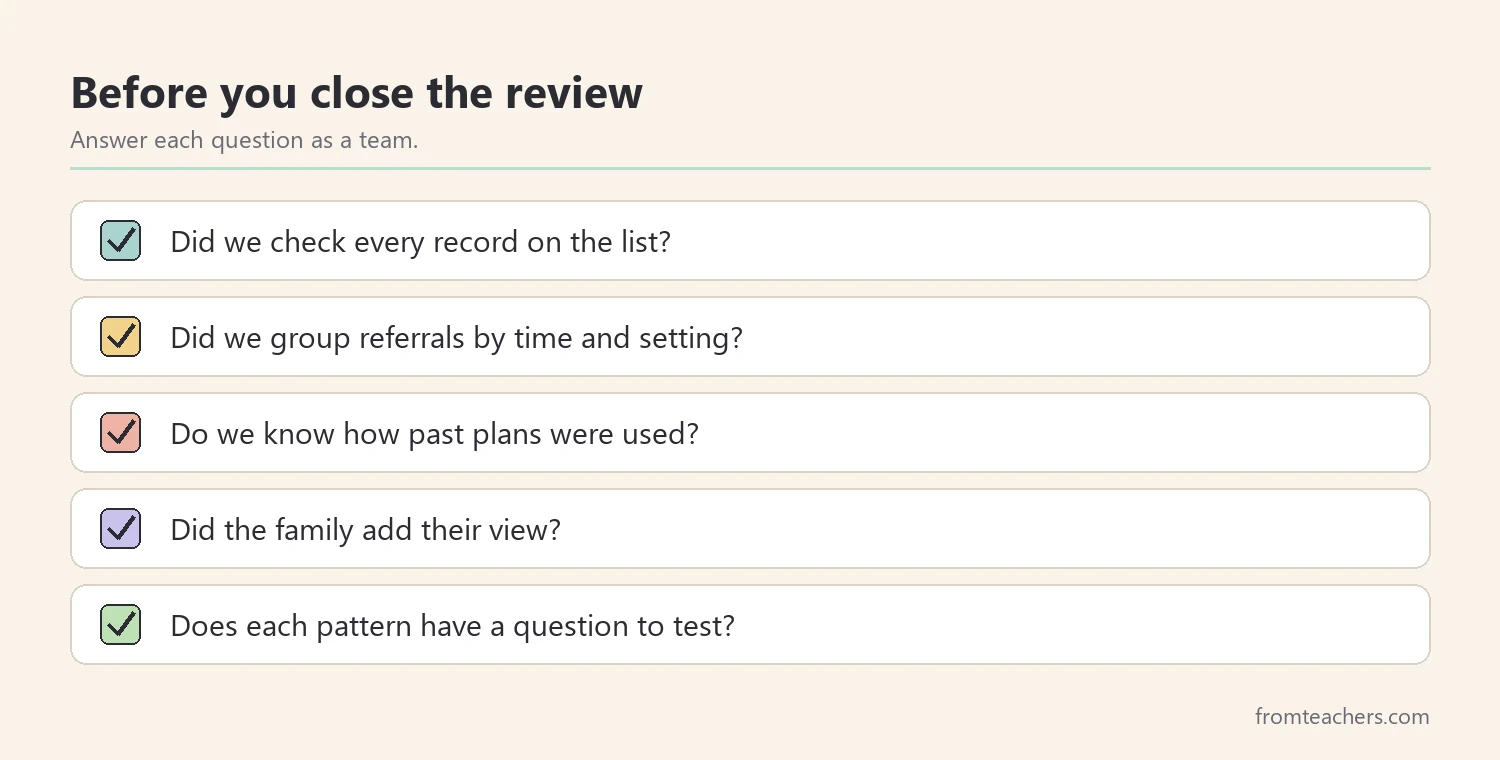 Checklist of questions to answer before closing a records review for an FBA