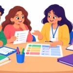 Illustration of parents asking questions at a school meeting while a behavior specialist shows an FBA summary form