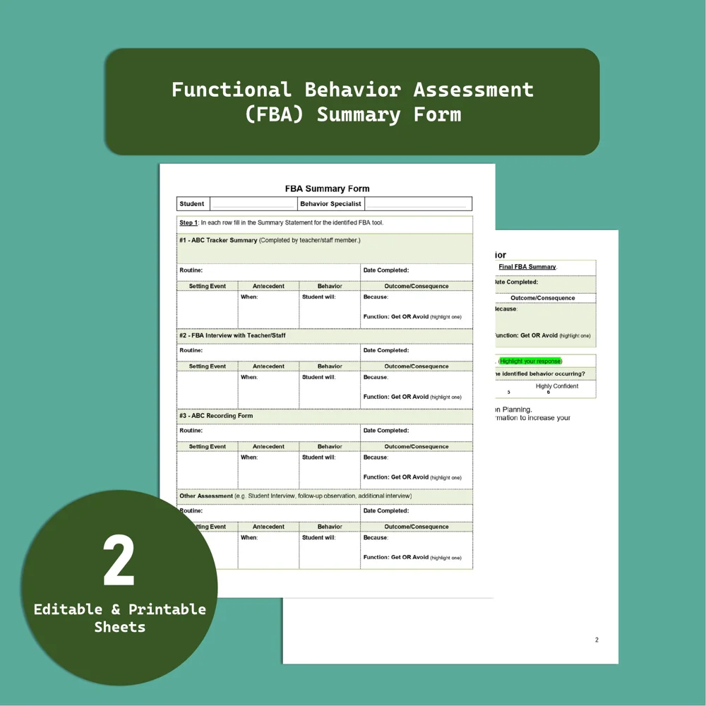 Functional behavior assessment summary form editable FBA and ABC data template cover
