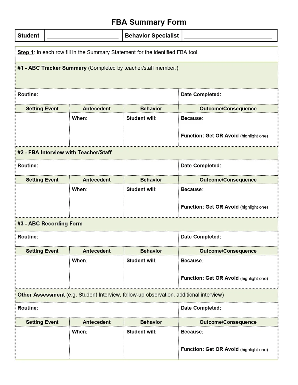 Preview of the FBA summary form with routine, antecedent, behavior, consequence and function columns