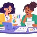 Illustration for FBA summary report: a school psychologist and a teacher reviewing behavior data charts together at a table