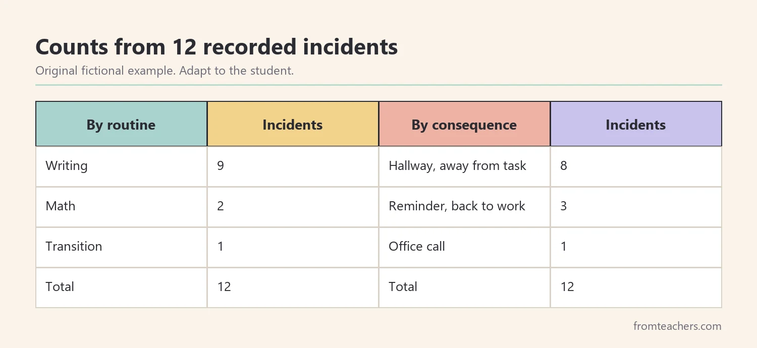 Table of fictional ABC data counts for twelve incidents, broken down by routine and by consequence