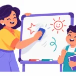 Illustration for fear of making mistakes: a teacher laughing as she erases her own mistake on a whiteboard while a boy smiles