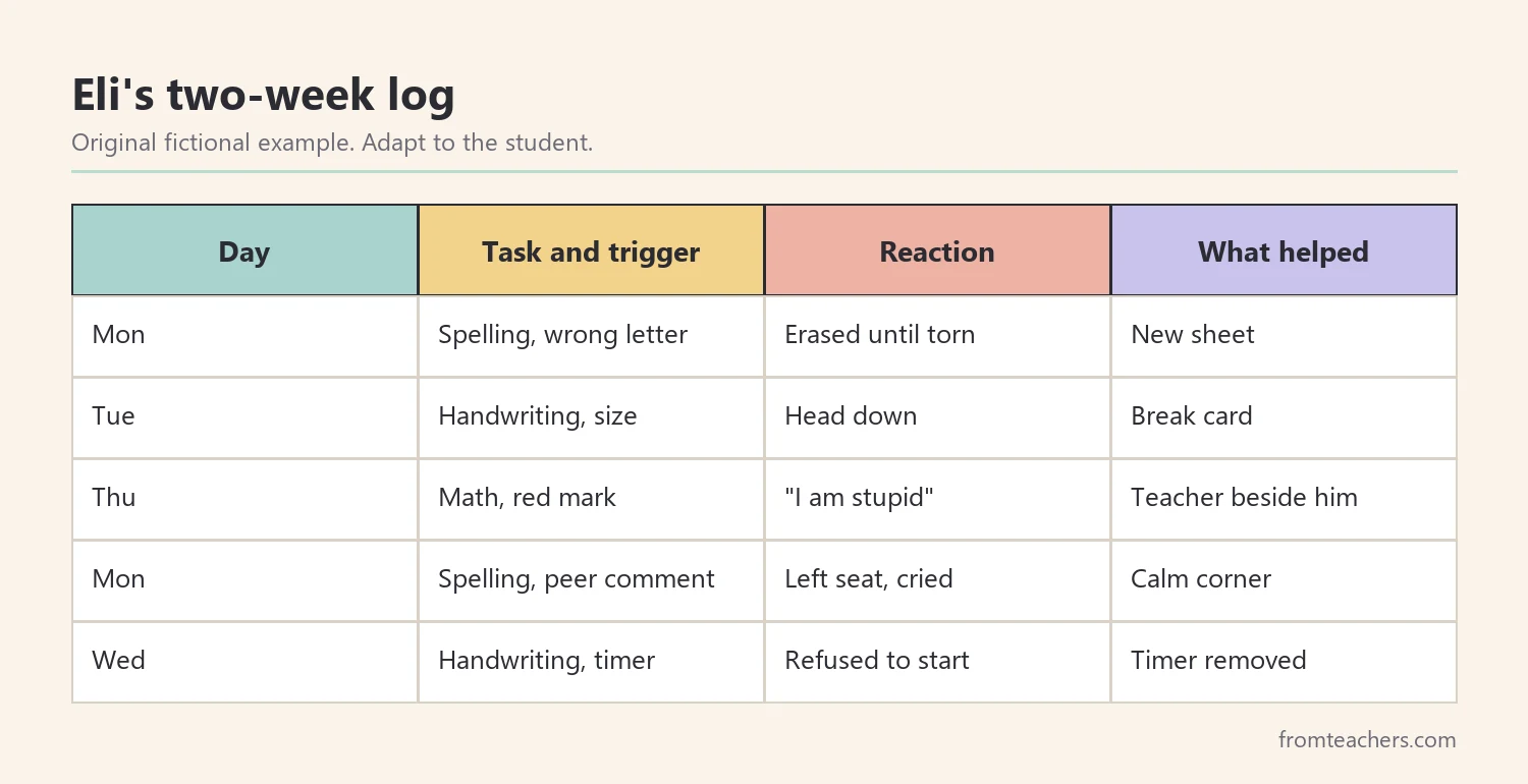 Sample two-week log of mistake-related incidents for a fictional student