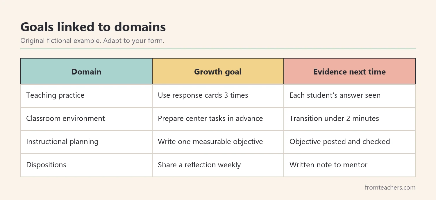 Matrix of observation domains with a fictional growth goal and the evidence to look for next time