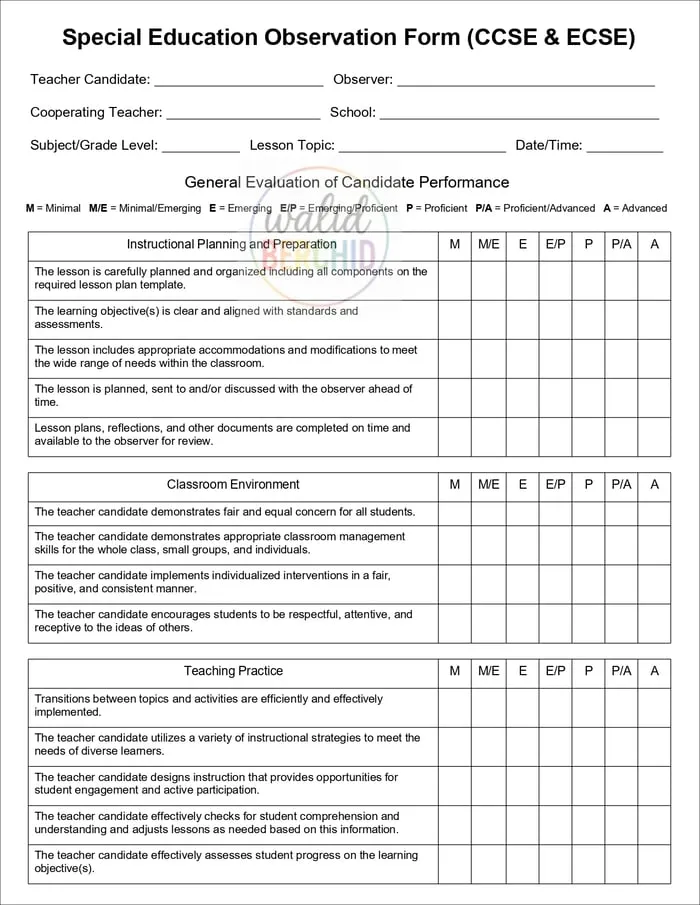 First page of the CCSE and ECSE observation form with rating columns for planning and environment