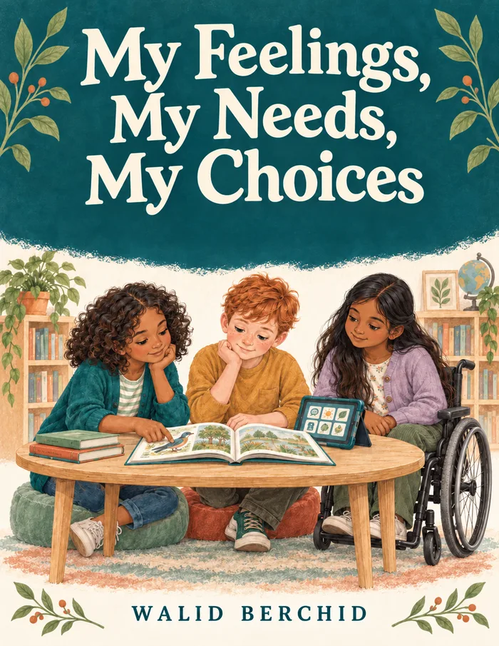 My Feelings, My Needs, My Choices illustrated book cover with three children reading together
