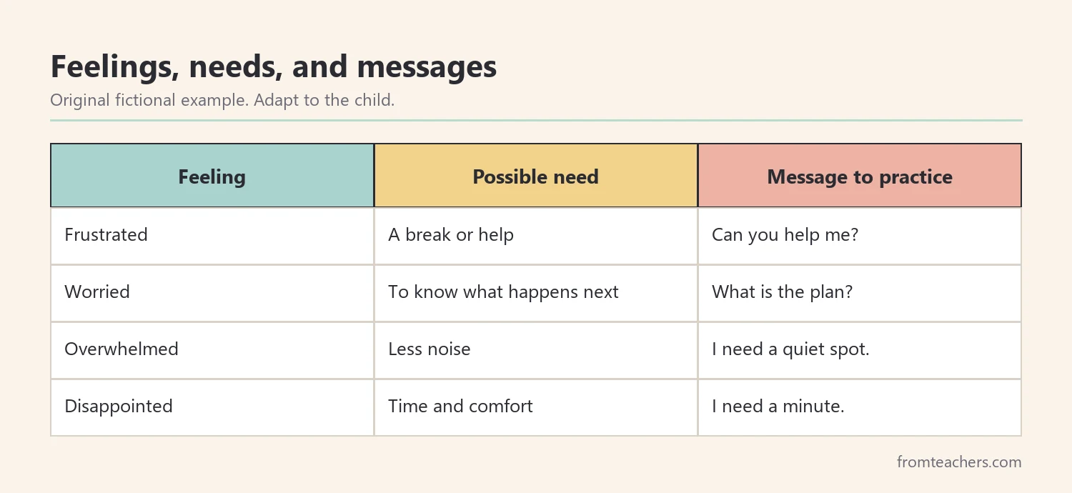 Matrix of four feelings with a possible need and a short message to practice for each