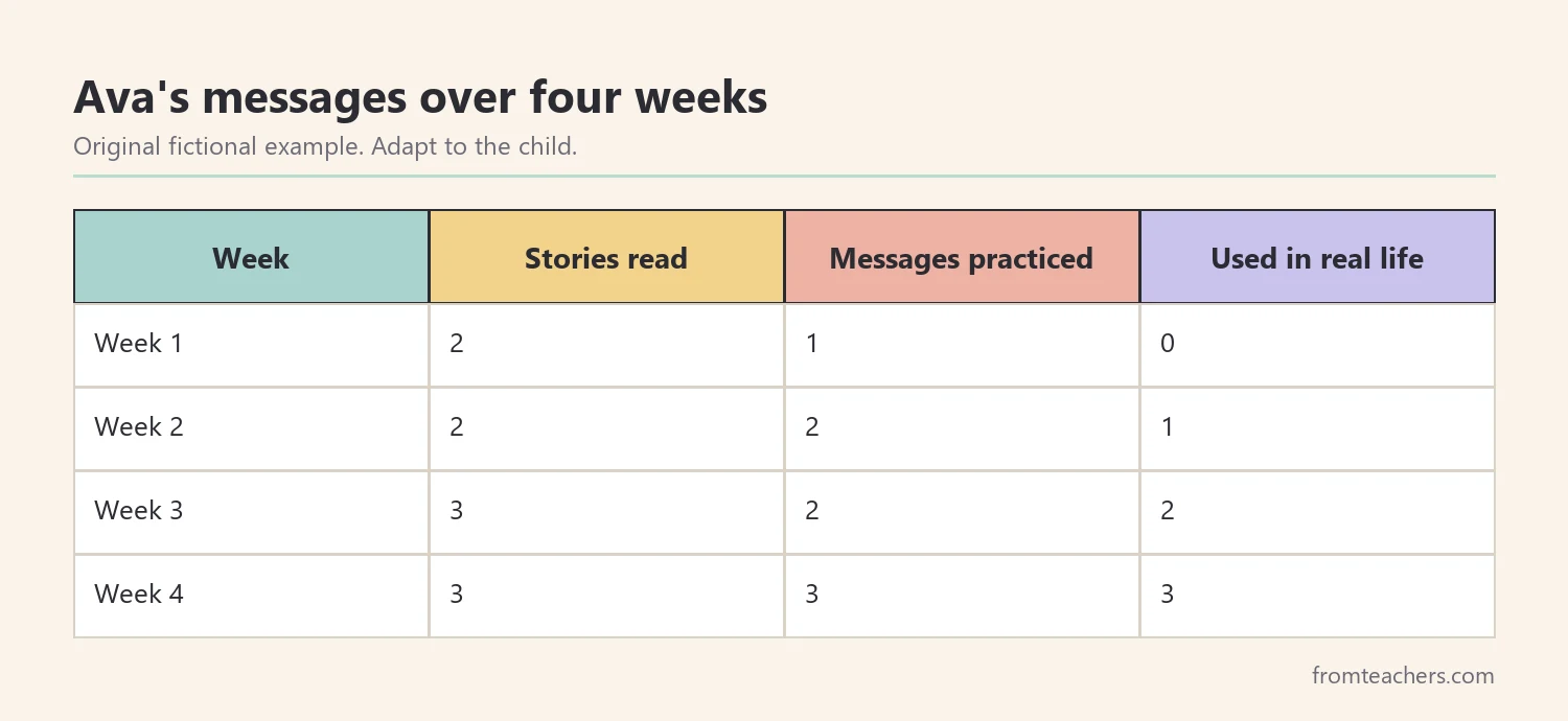 Table of a fictional child's stories read, messages practiced, and messages used in real life over four weeks