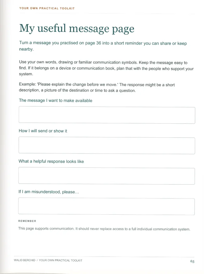 Preview of the My useful message page with spaces for a message, how to show it, and a helpful response