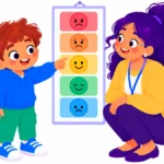 Illustration for feelings identification chart: a boy pointing to a colorful emotions chart on the wall during a morning check-in with his teacher