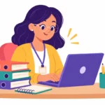 Illustration for fillable special education forms: a special education teacher typing into a digital form on a laptop beside a tidy stack of folders