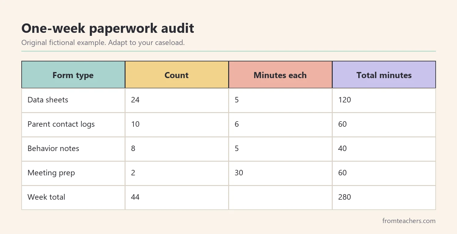 Table of a fictional teacher's weekly paperwork audit showing form types, counts, minutes each, and total minutes