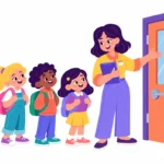 Illustration for first month of school: a teacher modeling a lining-up routine with a small group of students beside a door with picture cues