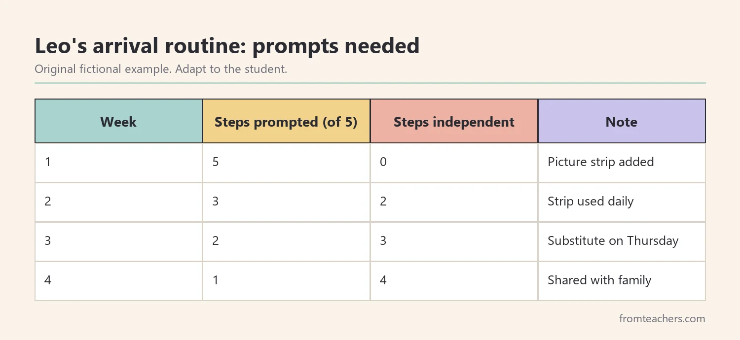 Table of fictional weekly data showing prompts needed for an arrival routine across four weeks
