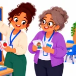 Illustration of a new special education teacher and a paraprofessional reviewing a visual schedule before students arrive