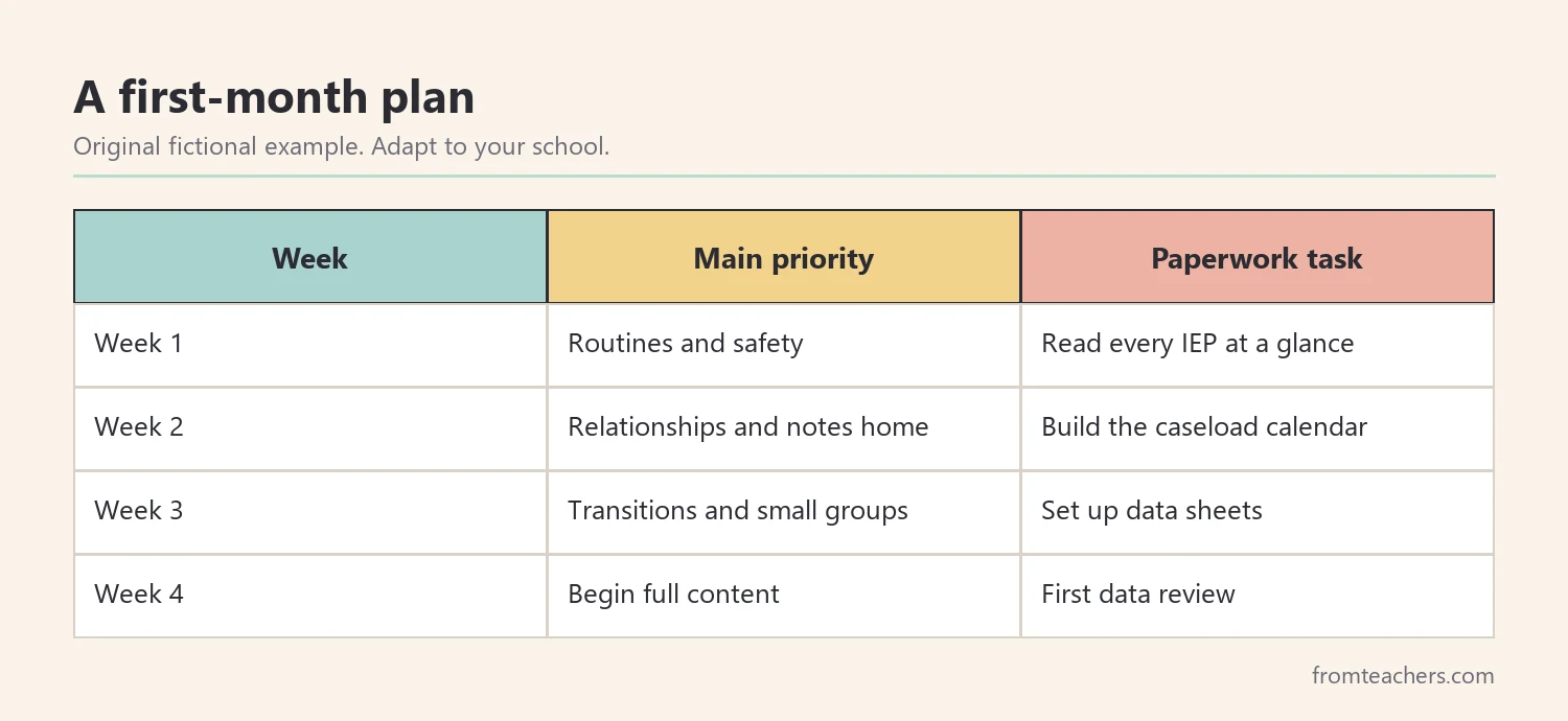 Table of a fictional first-month calendar with weekly priorities for a new special education teacher