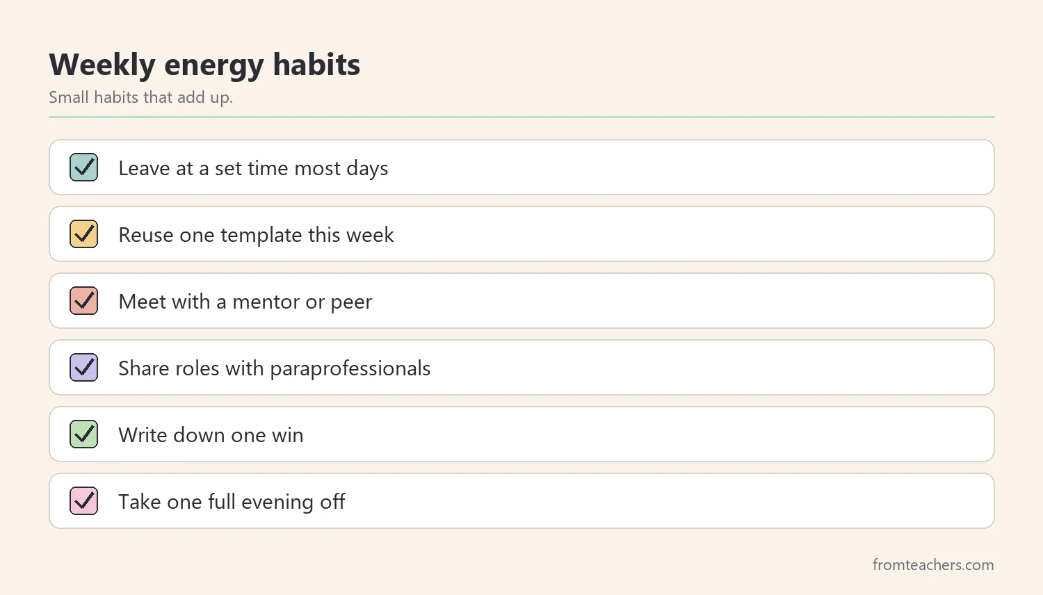Checklist of weekly habits that protect a new teacher's energy